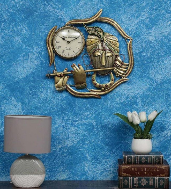 Musical Krishna Wall Clock – Artistic Metal Timepiece for Home Decor - Wall Mirror at Nestern