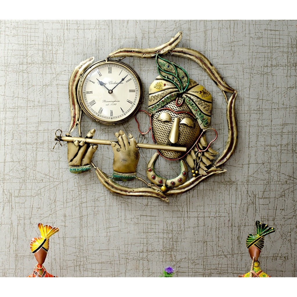 Musical Krishna Wall Clock – Artistic Metal Timepiece for Home Decor - Wall Mirror at Nestern