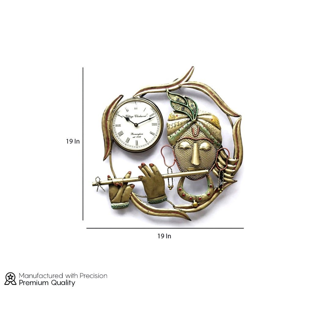 Musical Krishna Wall Clock – Artistic Metal Timepiece for Home Decor - Wall Mirror at Nestern