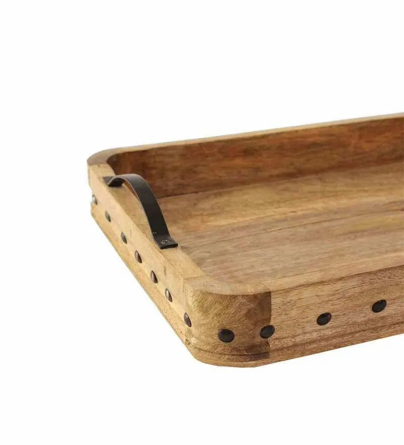 Vintage Wooden Serving Tray with Metal Handles