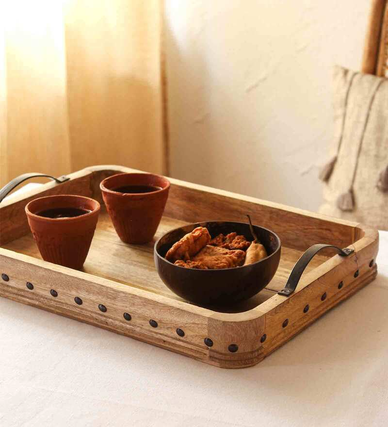 Vintage Wooden Serving Tray with Metal Handles