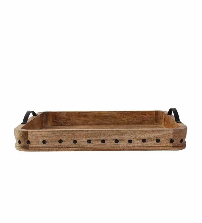 Vintage Wooden Serving Tray with Metal Handles