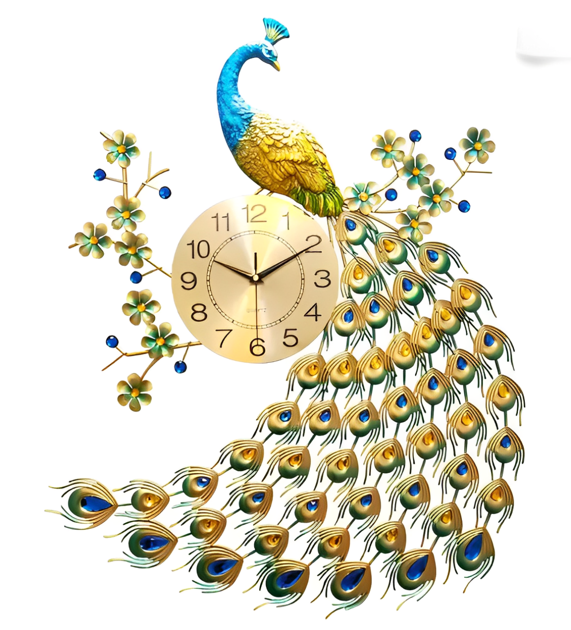 Luxurious Peacock Wall Clock with Floral Design – Elegant Metal Art Décor