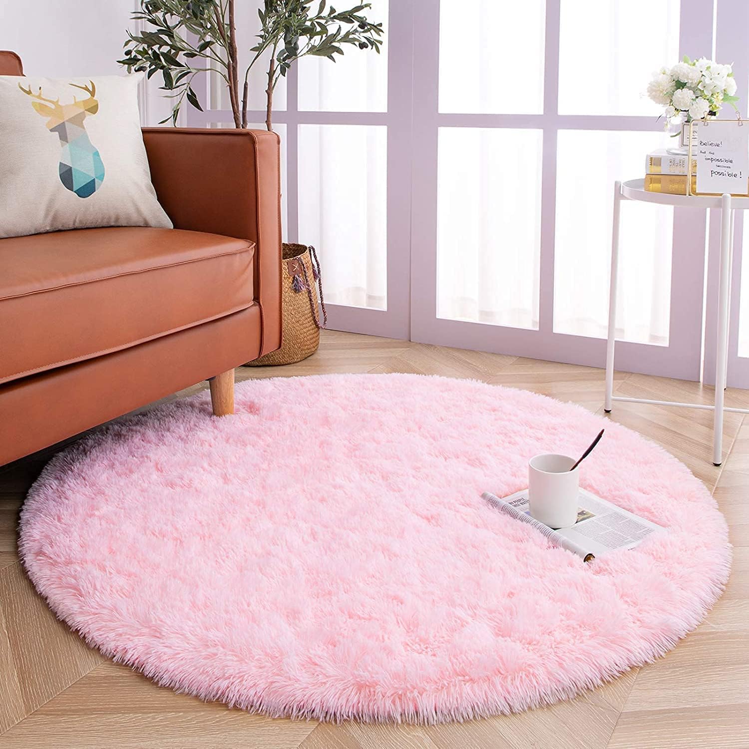 Pink Fluffy Round Rug - Rugs at Nestern