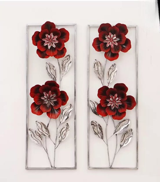 Red Floral Metal Wall Art Panels – Elegant Vertical Flower Décor - Wall Art at Nestern