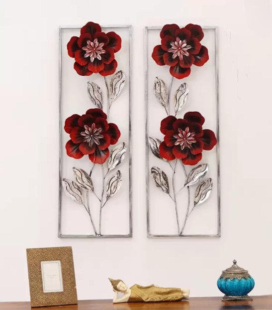 Red Floral Metal Wall Art Panels – Elegant Vertical Flower Décor - Wall Art at Nestern