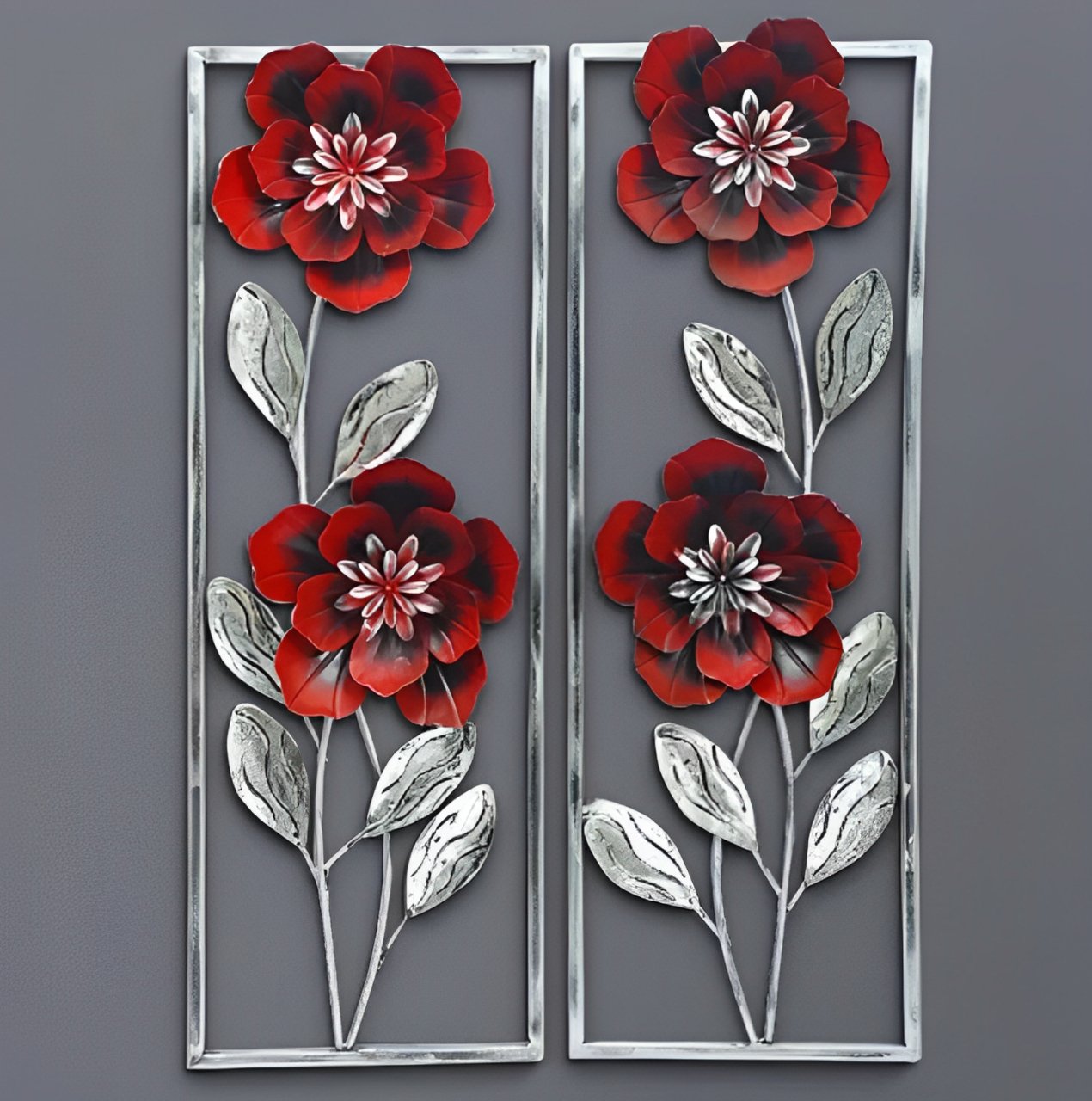 Red Floral Metal Wall Art Panels – Elegant Vertical Flower Décor - Wall Art at Nestern