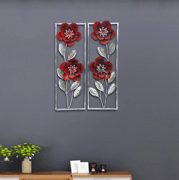 Red Floral Metal Wall Art Panels – Elegant Vertical Flower Décor - Wall Art at Nestern