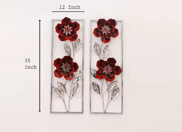 Red Floral Metal Wall Art Panels – Elegant Vertical Flower Décor - Wall Art at Nestern