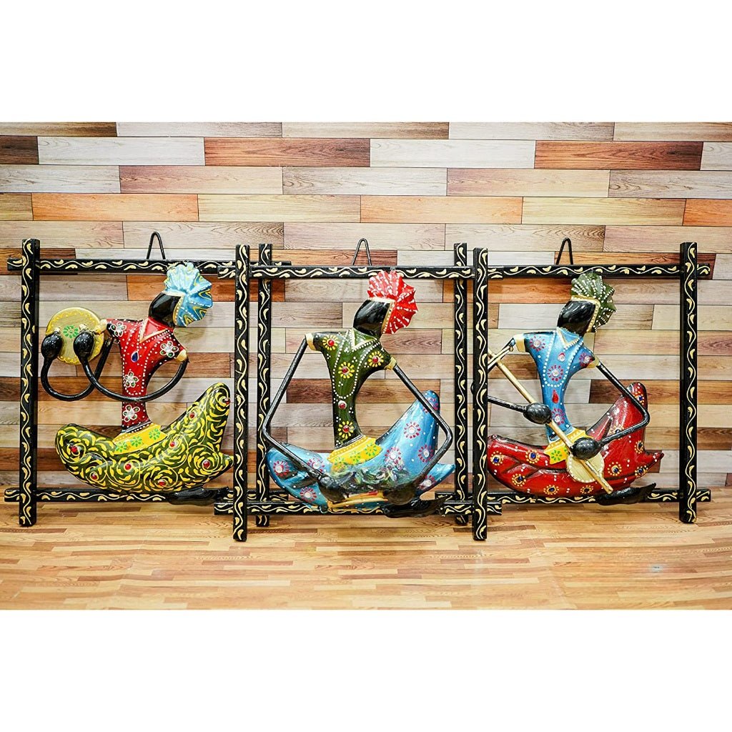 Set of 3 Tribal Musician Wall Hangings – Handcrafted Metal Art Décor - Wall Art at Nestern