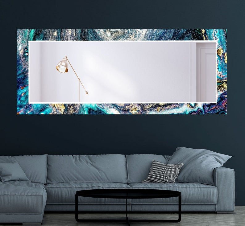 Sleek Blue Rectangular Mirror – Modern Elegance for Any Space - at Nestern