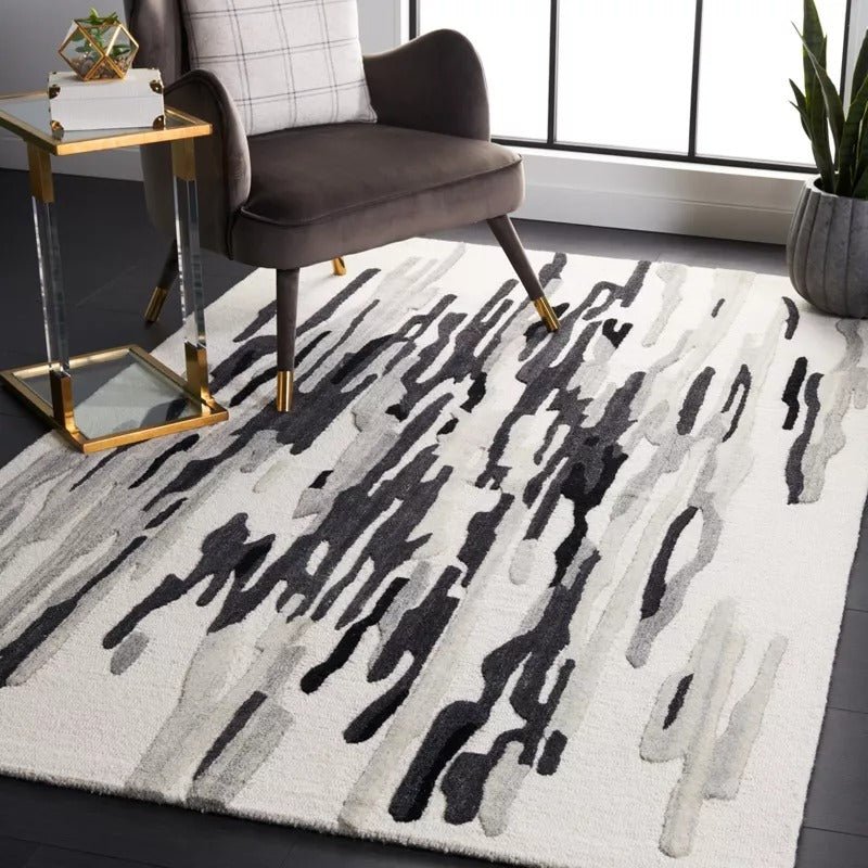 Switzerland Wool Collections Modern Abstract Area Rug, Ivory & Black, Handmade Mid - Century Wool Rug, Perfect for Living Room, Bedroom, High Traffic Areas - Rugs at Nestern