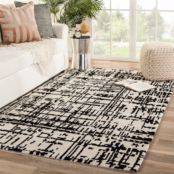 Switzerland Wool Collections Modern Abstract Beige and Black Area Rug - Custom Sizes Available - Rugs at Nestern