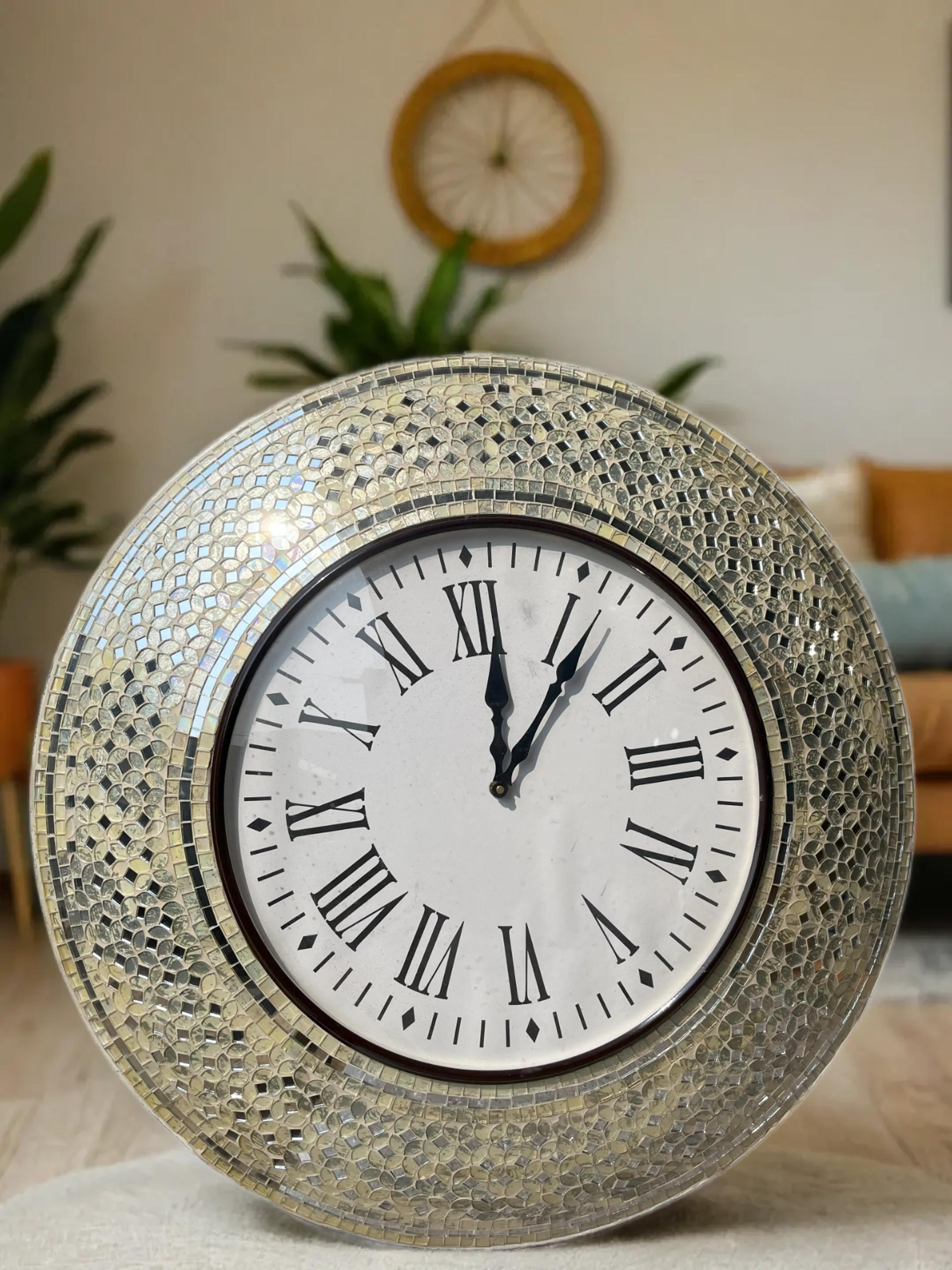 Modern Silver Mosaic Wall Clock with Roman Numerals - Elegant Decorative Piece