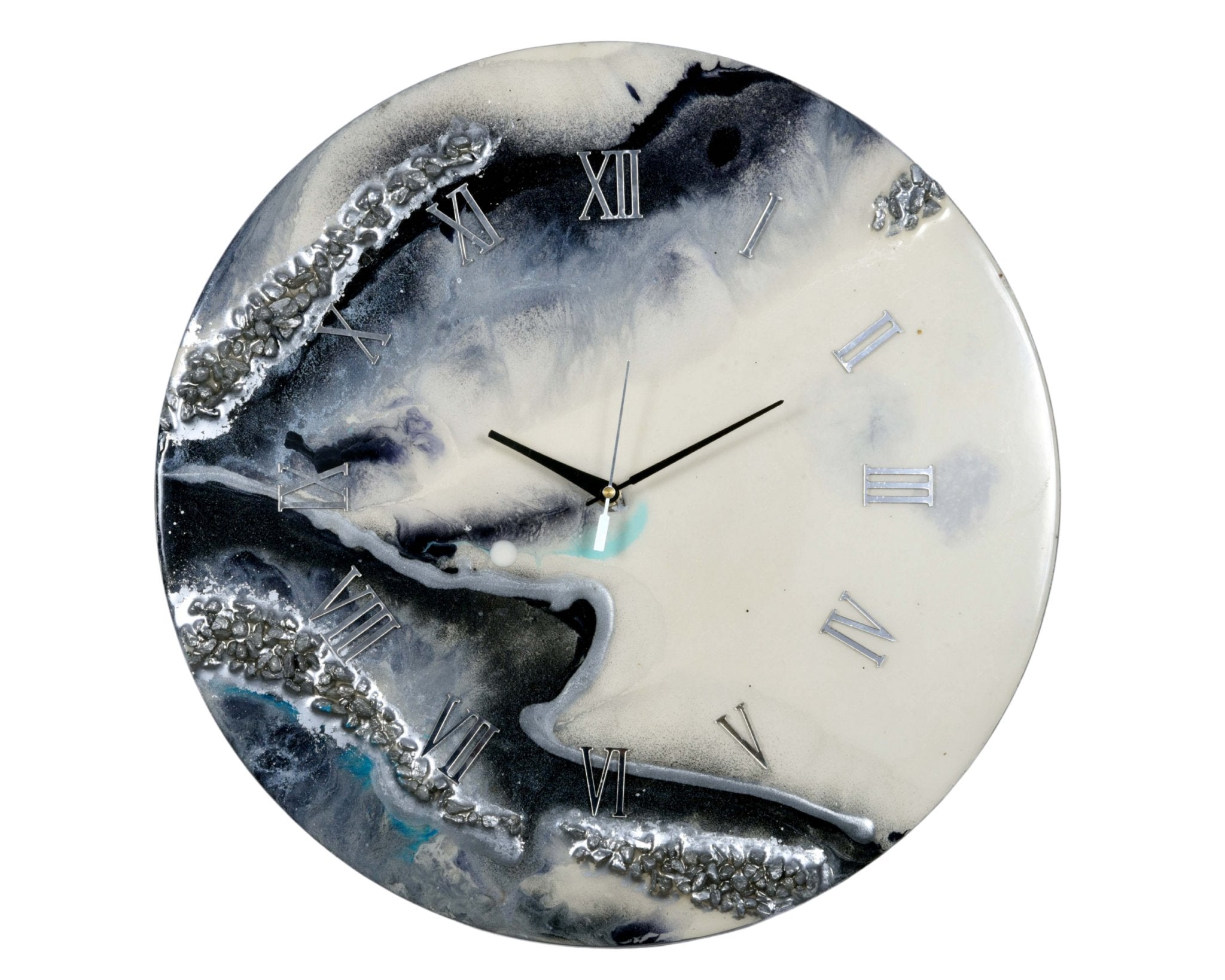 Wavy Black Epoxy Resin Wall Clock with Roman Numerals, Handmade, No Glass - Wall Clock at Nestern