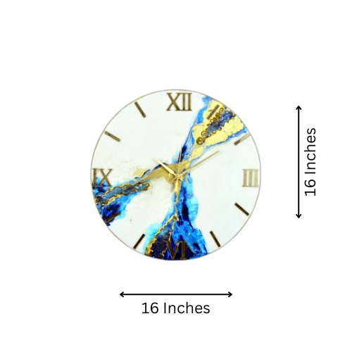 White & Blue Abstract Epoxy Resin Wall Clock, Striking Gold Accents - Wall Clock at Nestern