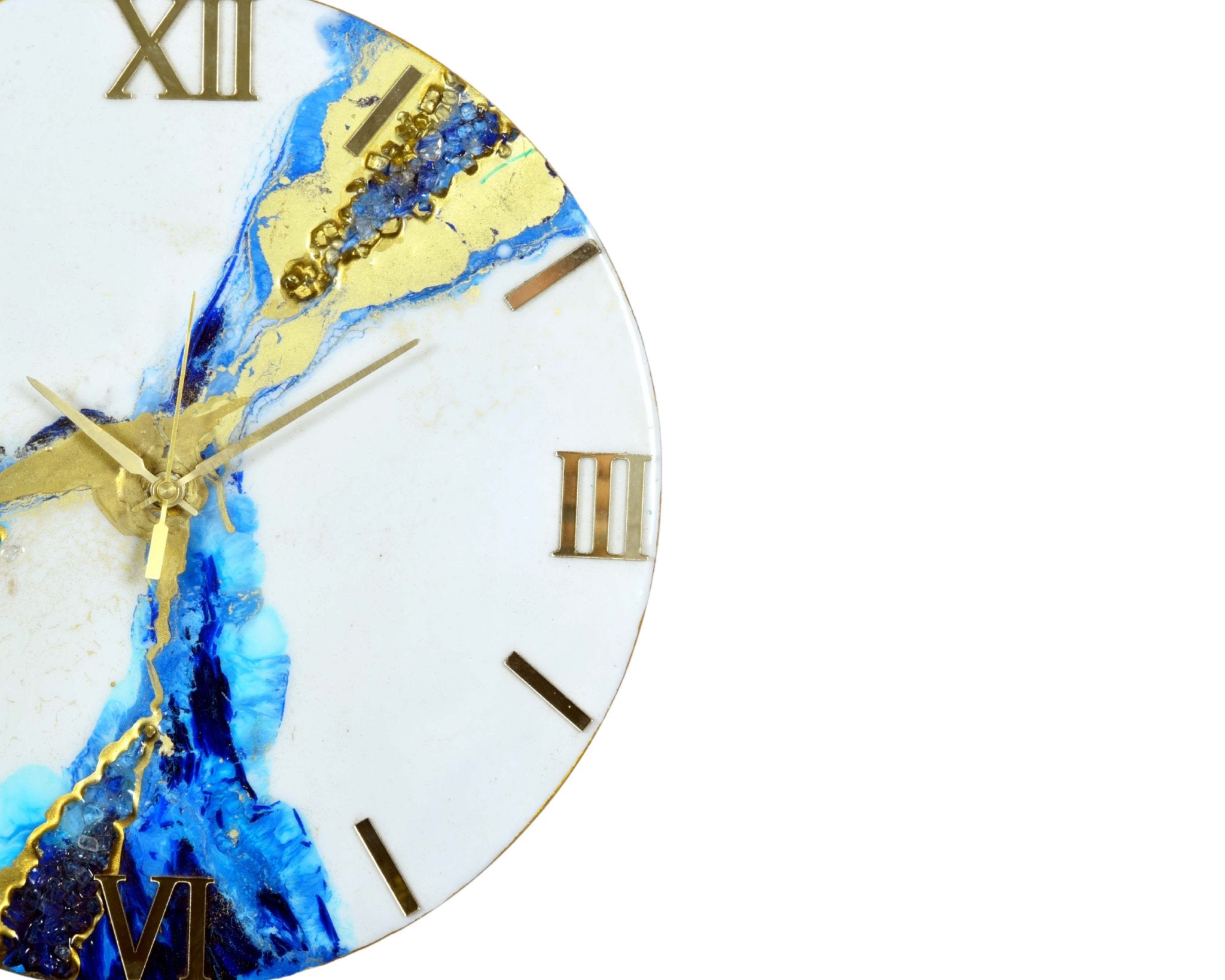 White & Blue Abstract Epoxy Resin Wall Clock, Striking Gold Accents - Wall Clock at Nestern