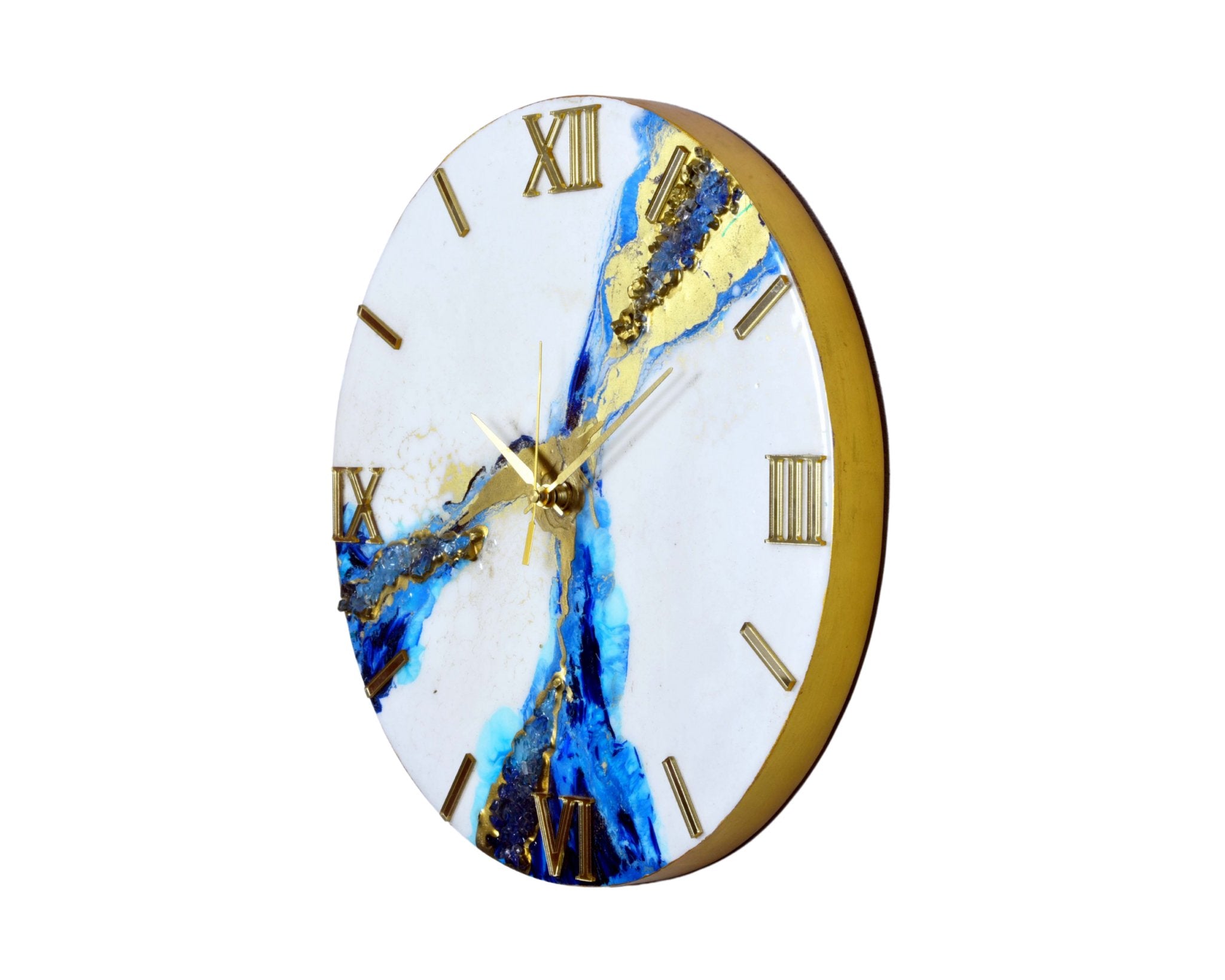 White & Blue Abstract Epoxy Resin Wall Clock, Striking Gold Accents - Wall Clock at Nestern