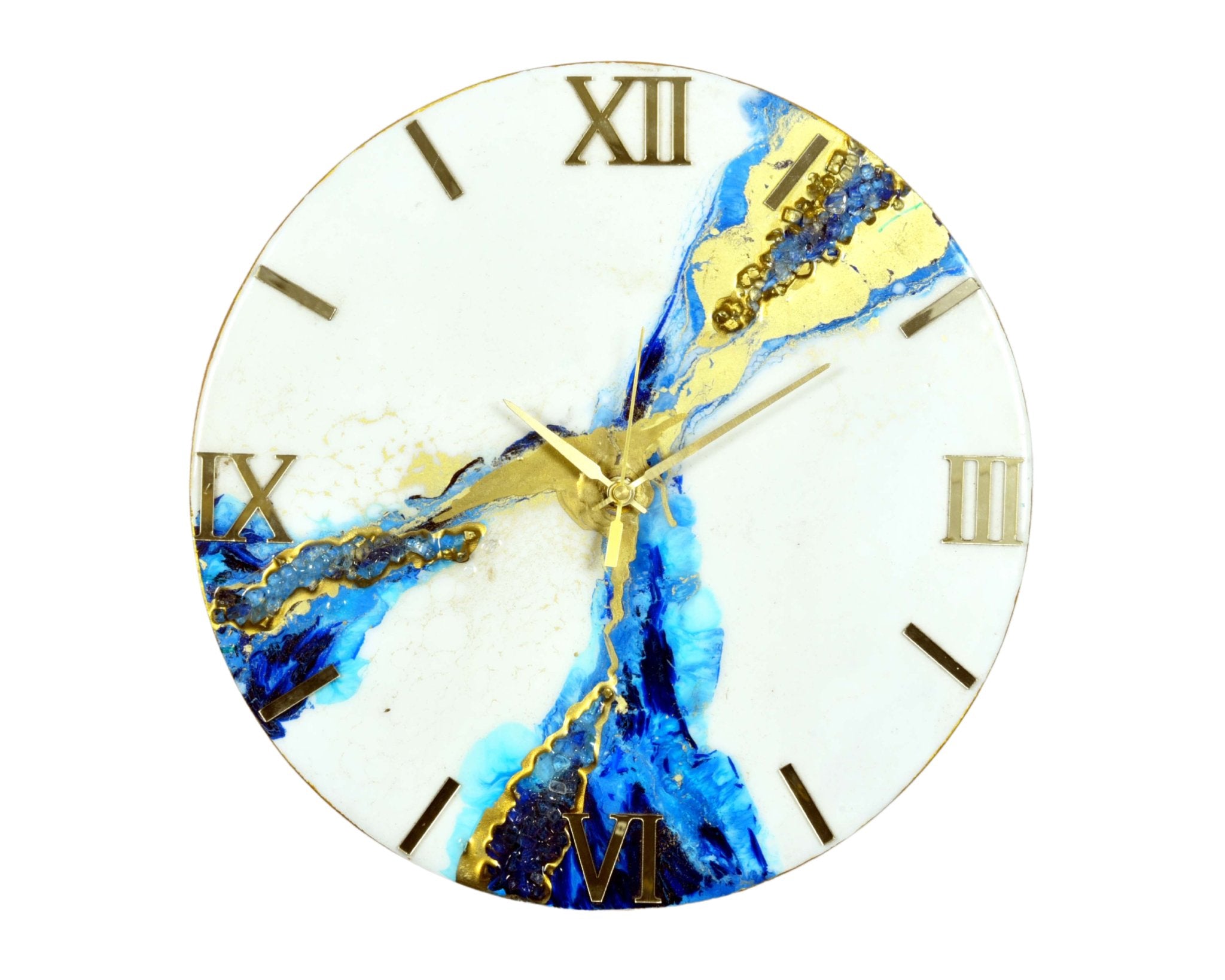 White & Blue Abstract Epoxy Resin Wall Clock, Striking Gold Accents - Wall Clock at Nestern