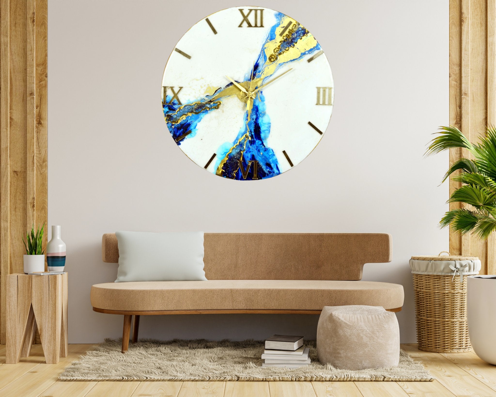 White & Blue Abstract Epoxy Resin Wall Clock, Striking Gold Accents - Wall Clock at Nestern