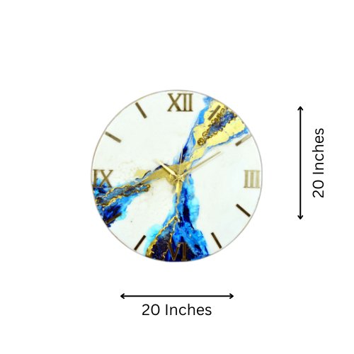 White & Blue Abstract Epoxy Resin Wall Clock, Striking Gold Accents - Wall Clock at Nestern