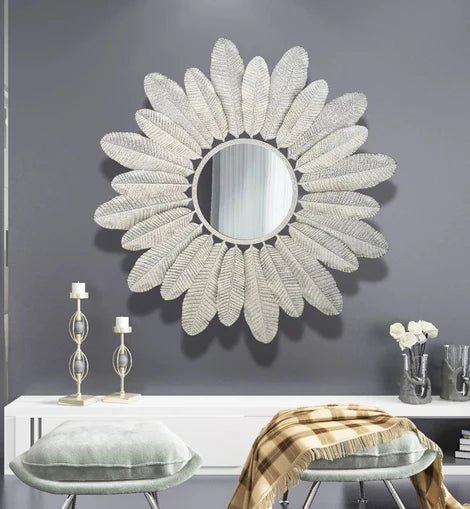 White Leaf Frame Round Mirror – Botanical - Inspired Wall Décor - Wall Mirror at Nestern